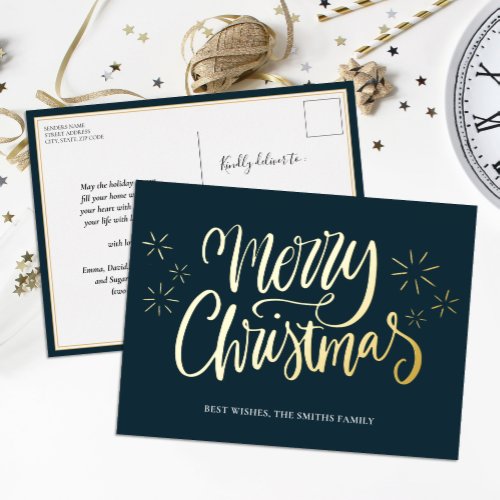 Merry Christmas Blue Gold Calligraphy Non Photo Foil Holiday Postcard
