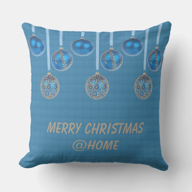 Merry Christmas Blue Gold Glitter Baubles Text Throw Pillow (Front)
