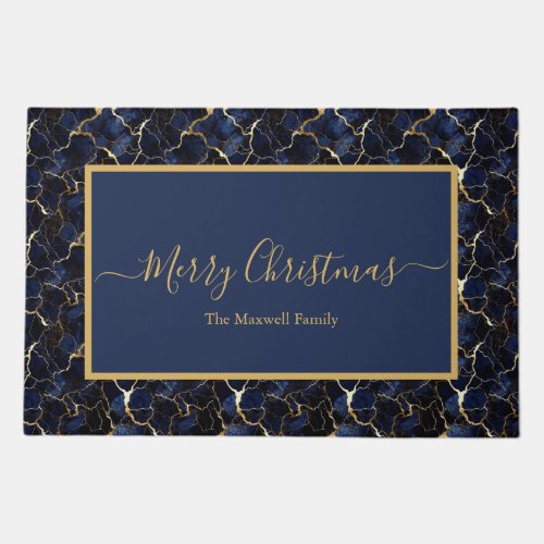 Merry Christmas blue gold marble script name  Doormat