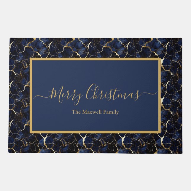 Merry Christmas blue gold marble script name  Doormat (Front)