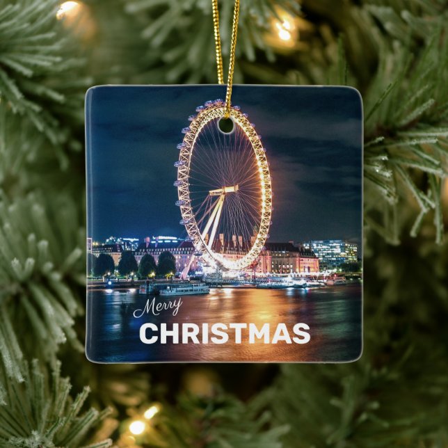 Merry Christmas Blue Gold Night London Ceramic Ornament (Tree)