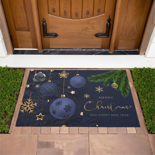 Merry Christmas Blue, Gold Ornaments  Doormat (Outdoor)