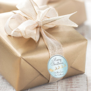 Merry Christmas Blue Gold Santa Reindeer Sleight Classic Round Sticker