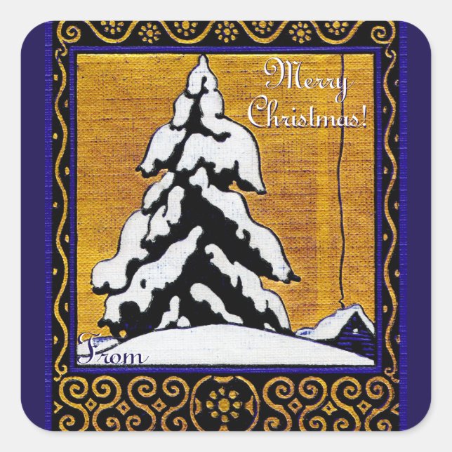 Merry Christmas! Blue & Gold Square Sticker (Front)