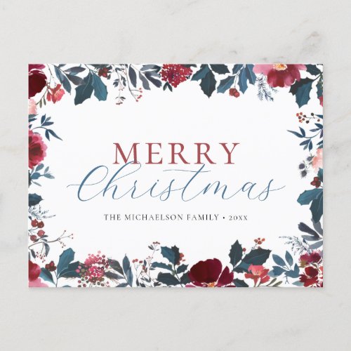 Merry Christmas Blue Green Holly Holiday Postcard
