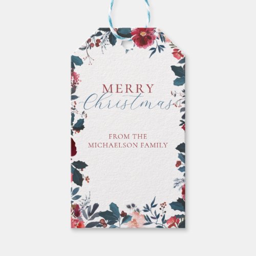 Merry Christmas Blue Green Holly Watercolor Gift Tags