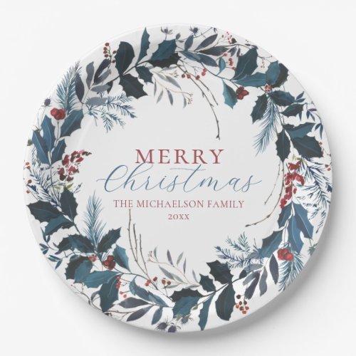 Merry Christmas Blue Green Holly Watercolor Paper Plates