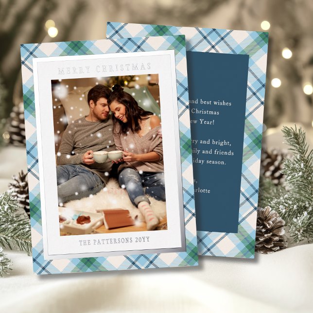 Merry Christmas Blue Green Plaid Tartan Photo Foil Holiday Card (Creator Uploaded)