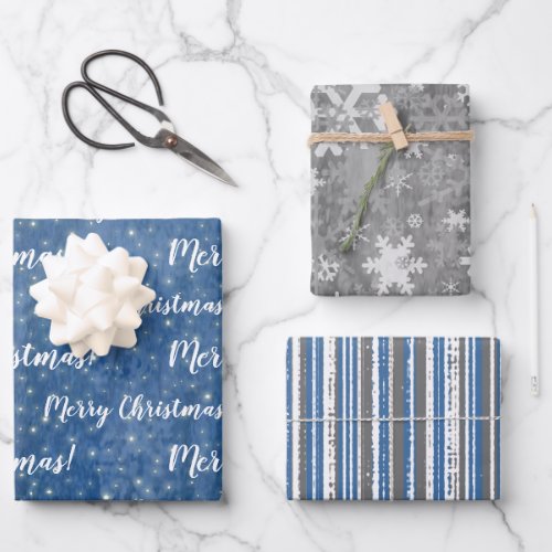 Merry Christmas Blue Grey Winter Wrapping Paper Sheets