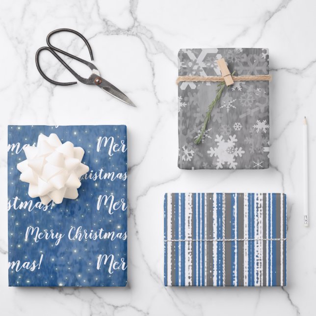 Merry Christmas Blue Grey Winter Wrapping Paper Sheets (Front)