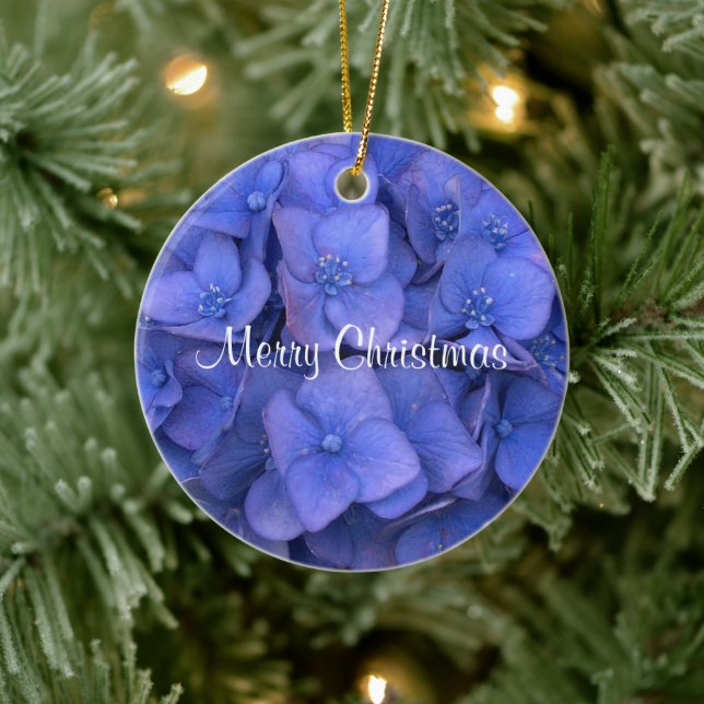 Merry Christmas Blue Hydrangea  Ceramic Ornament (Tree)
