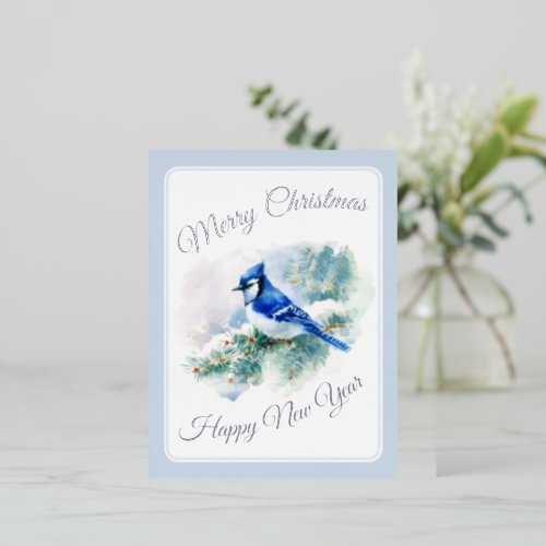 Merry Christmas Blue Jay Silver Foil Post Card