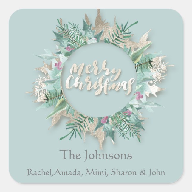 Merry Christmas Blue Mint Ivory Holidays Wreath 3D Square Sticker (Front)