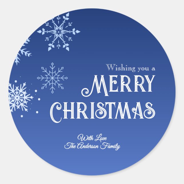 Merry Christmas Blue Modern Snowflake Classic Round Sticker (Front)