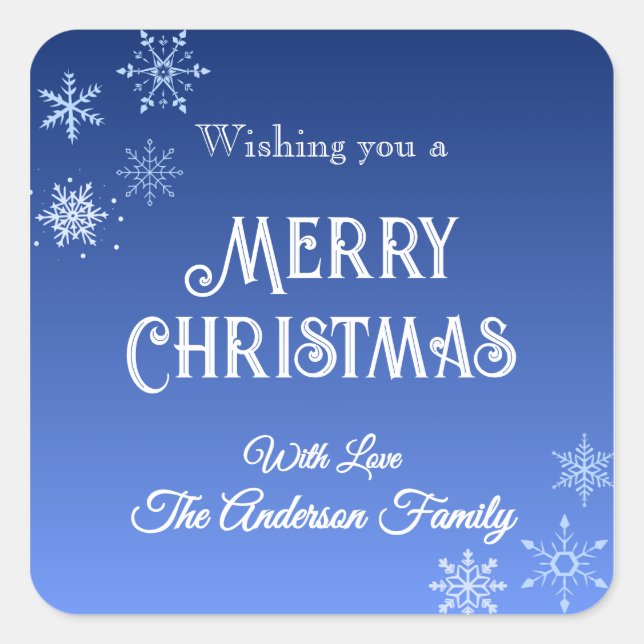 Merry Christmas Blue Modern Snowflake Square Sticker (Front)