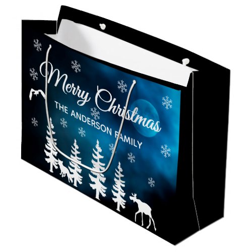 Merry Christmas blue night moon forest forest Large Gift Bag