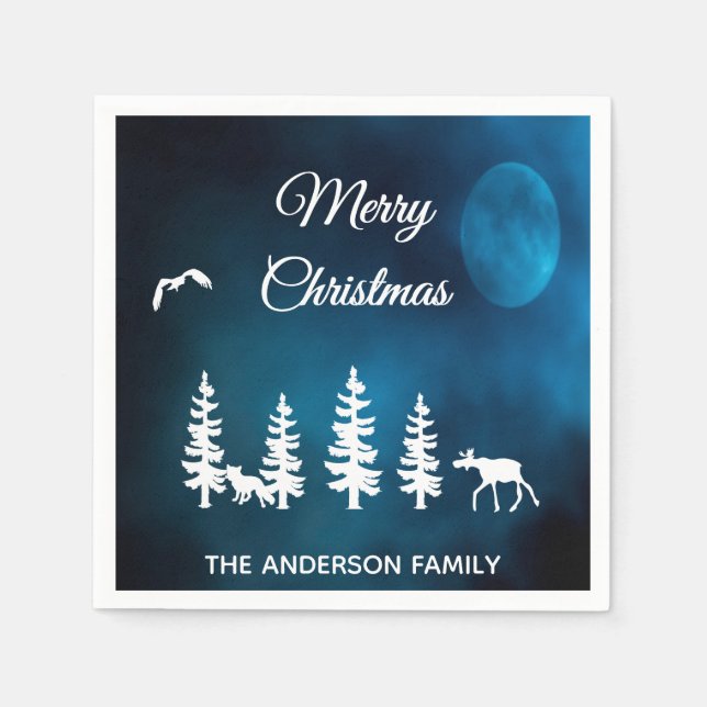 Merry Christmas blue night moon forest forest Napkins (Front)