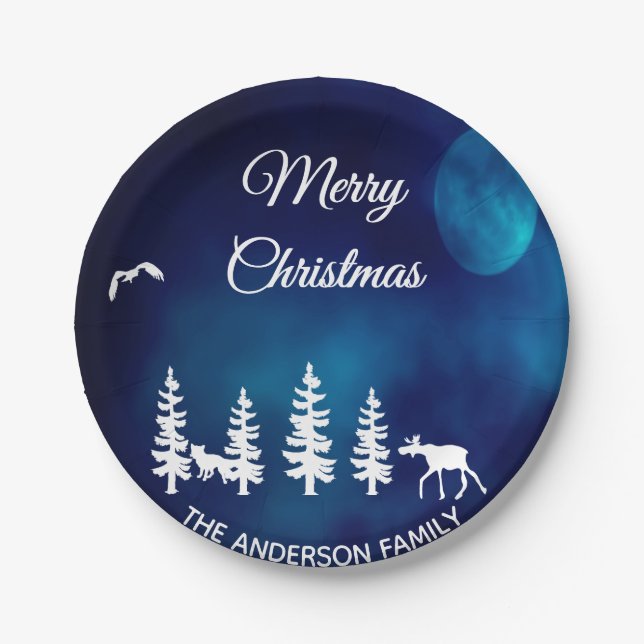 Merry Christmas blue night moon forest forest Paper Plates (Front)