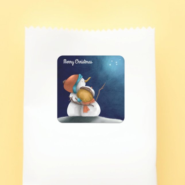 Merry Christmas blue night Snowmen hugging Square Sticker (Creator Uploaded)