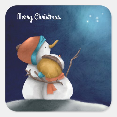 Merry Christmas blue night Snowmen hugging Square Sticker