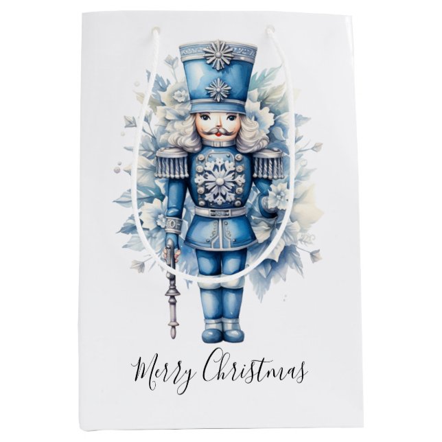 Merry Christmas Blue Nutcracker Medium Gift Bag (Front)