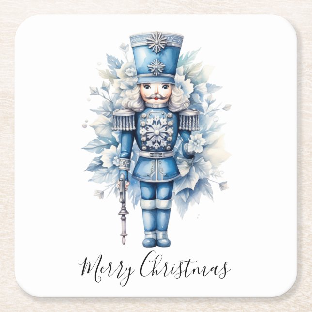 Merry Christmas Blue Nutcracker Square Paper Coaster (Front)