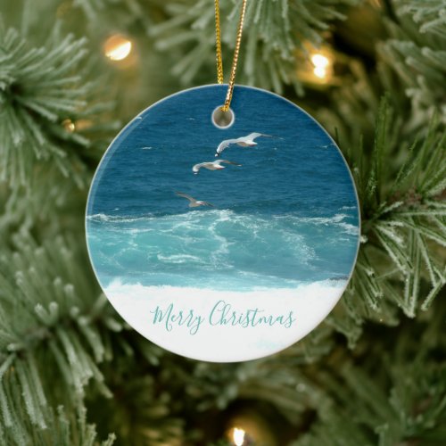 Merry Christmas Blue Ocean Waves Ceramic Ornament