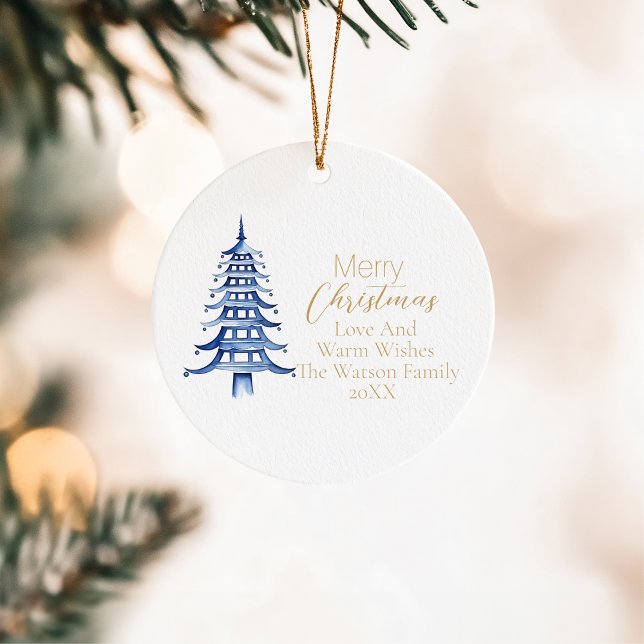 Merry Christmas Blue Pagoda Christmas Tree 1-Photo Ceramic Ornament (Merry Christmas Blue Pagoda Christmas Tree 1-Photo Ceramic Ornament)