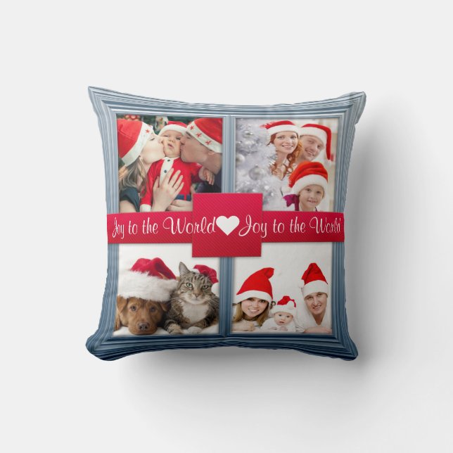 Merry Christmas Blue Photo Collage | Custom Throw Pillow (Front)