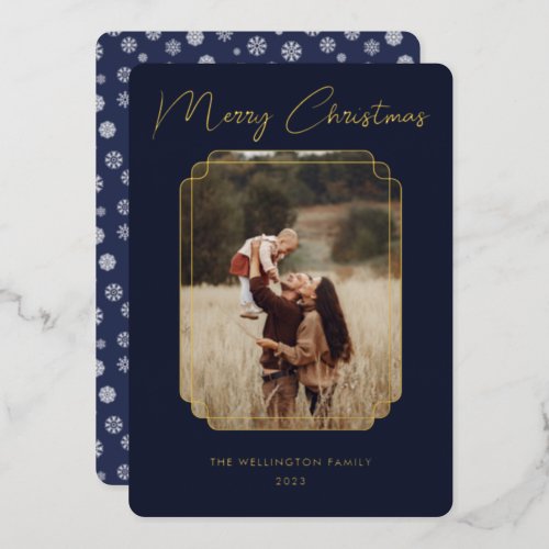 Merry Christmas Blue Photo Gold Frame Snowflake Foil Holiday Card