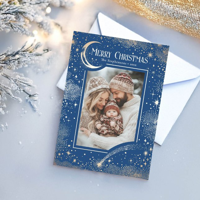 Merry Christmas Blue Photo Holiday Card (Blue Merry Christmas Photo Card)