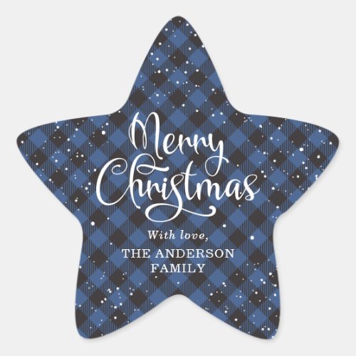 Merry Christmas Blue Plaid Calligraphy Snow Star Sticker