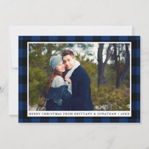 Merry Christmas Blue Plaid Couple Photo Card