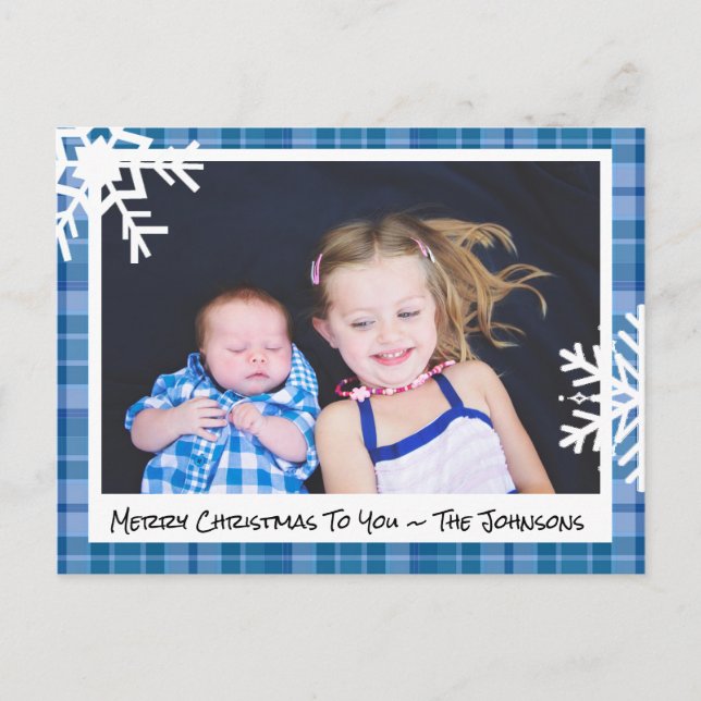 Merry Christmas Blue Plaid Family Photo Card (Front)