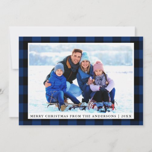 Merry Christmas Blue Plaid Family Photo Card