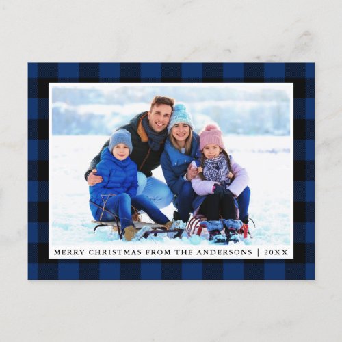 Merry Christmas Blue Plaid Family Photo Postcard