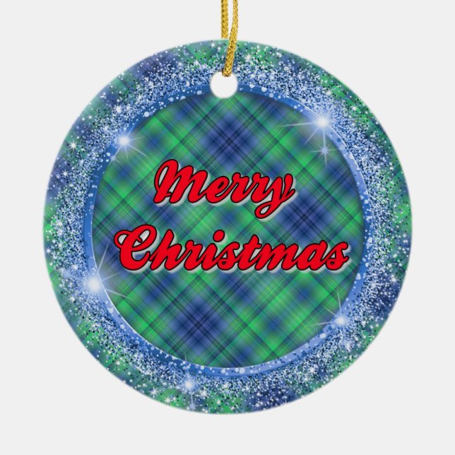 Merry Christmas Blue Plaid Faux Glitter Frame Ceramic Ornament (Front)