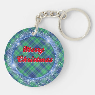 Merry Christmas Blue Plaid Faux Glitter Frame Keychain