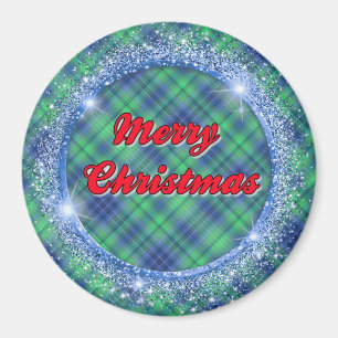 Merry Christmas Blue Plaid Faux Glitter Frame Magnet