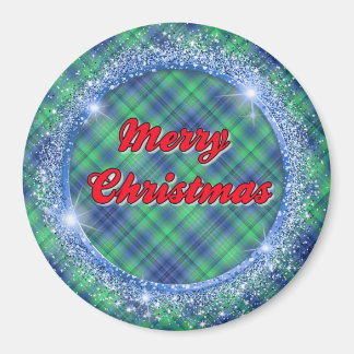 Merry Christmas Blue Plaid Faux Glitter Frame Magnet