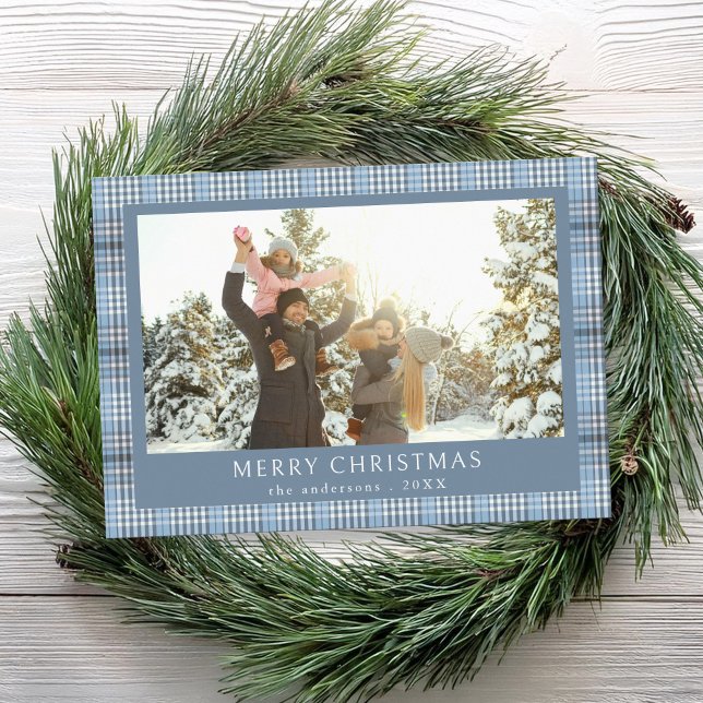 Merry Christmas Blue Plaid Photo Holiday Card (Creator Uploaded)