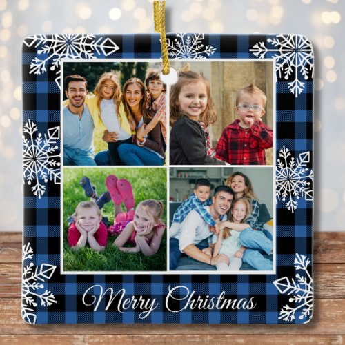 Merry Christmas Blue Plaid Snowflakes 4 Photo Ceramic Ornament