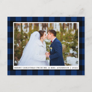 Merry Christmas Blue Plaid Wedding Photo Postcard