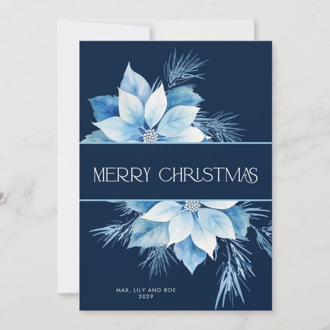 Merry Christmas Blue Poinsettia Holiday Card (Front)