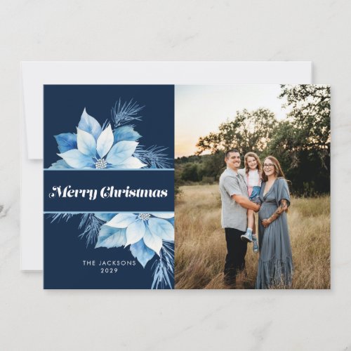 Merry Christmas Blue Poinsettia Holiday Card
