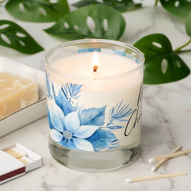 Merry Christmas Blue Poinsettia Scented Candle (Lit)
