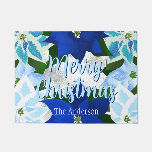 Merry Christmas Blue Poinsettias  Doormat