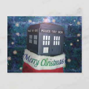 merry christmas blue police box in stocking holiday postcard
