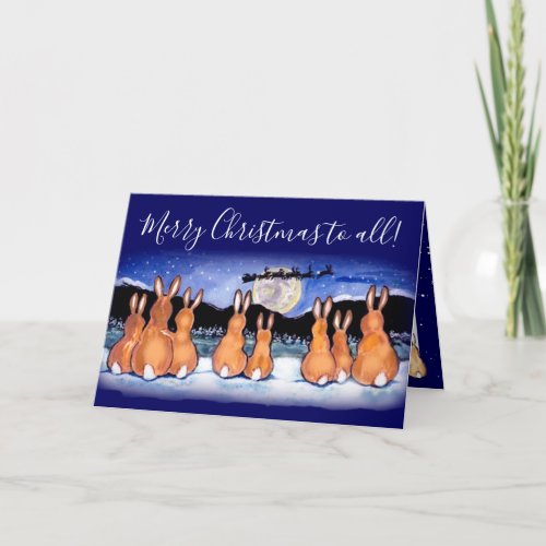 Merry Christmas Blue Rabbit Cute Winter Scene Year Holiday Card