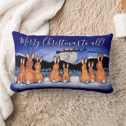 Merry Christmas Blue Rabbit Night Scene Sleigh Lumbar Pillow